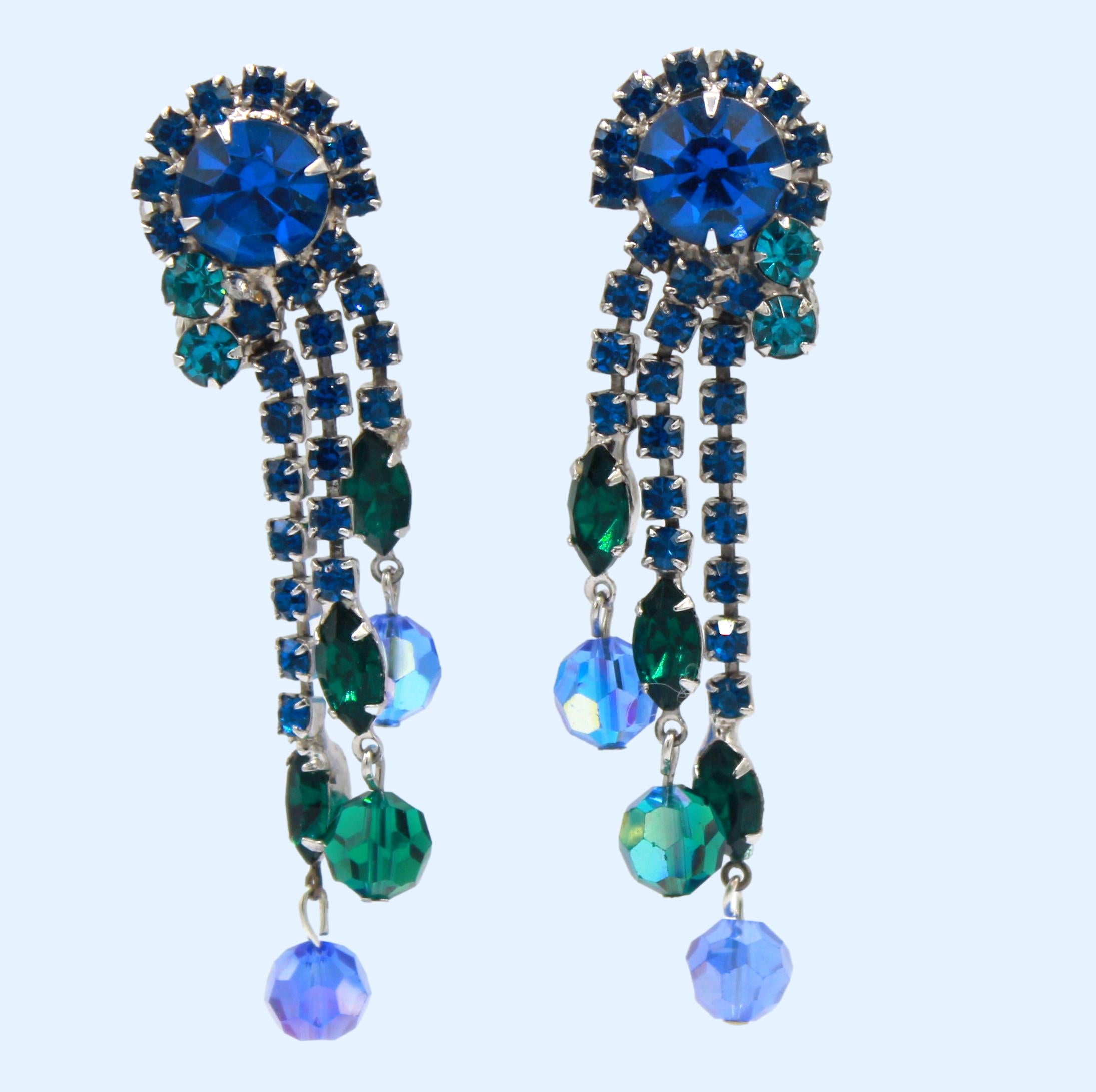 Vintage Juliana Blue Green Rhinestone Crystal Bead Dangle Earrings IIJJ#6282