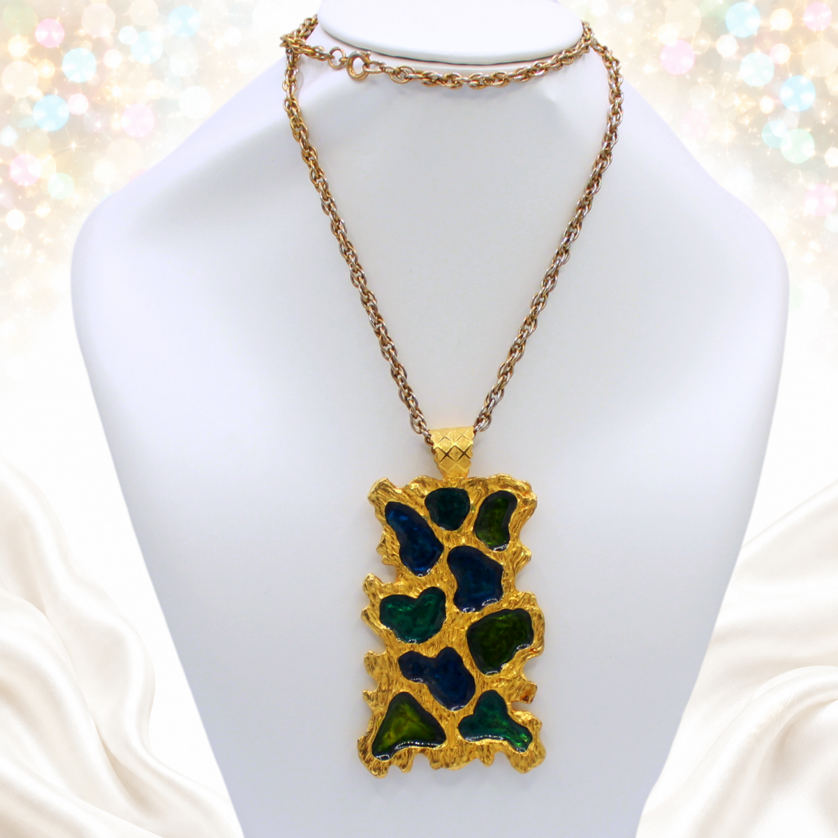 Vintage Juliana Blue Green Translucent Enamel Pendant Necklace IIJJ#9581