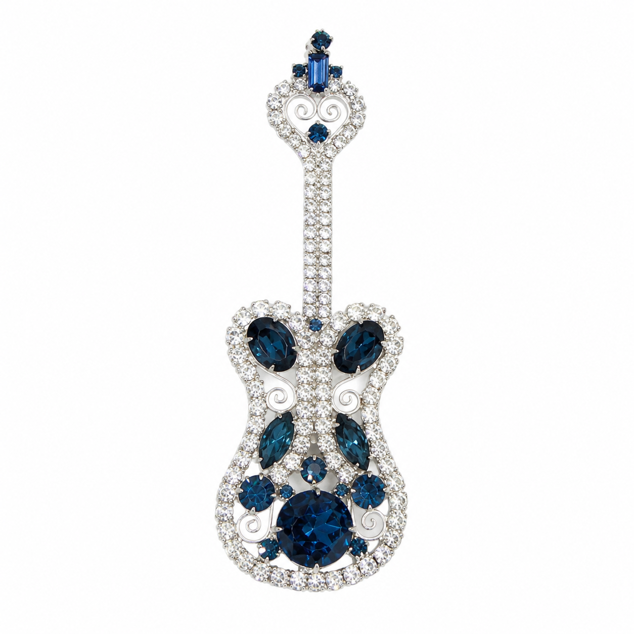 Vintage Juliana Figural Guitar Blue Clear Rhinestone Brooch Pendant IIJJ#9413