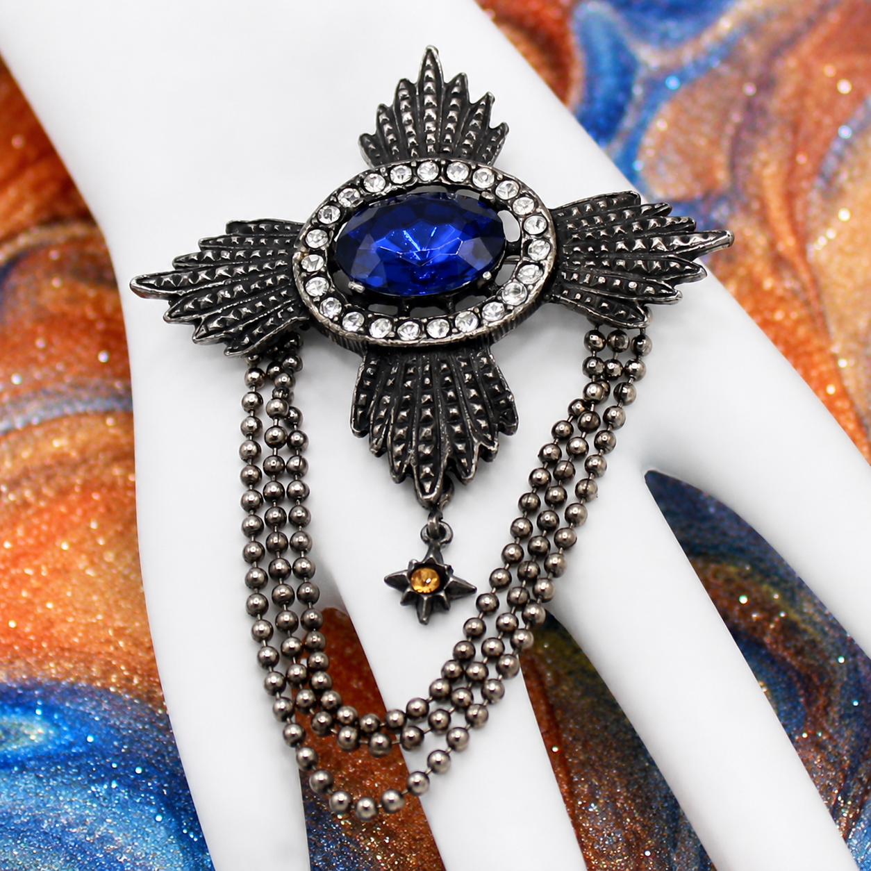 Coming Soon Vintage Juliana Maltese Cross Ball Chain Swag Brooch Blue Rhinestone IIJJ #9232