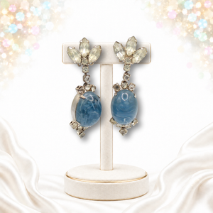 Vintage Juliana Blue Marbled Lucite Cabochon Rhinestone Dangle Clip Earrings IIJJ#9297