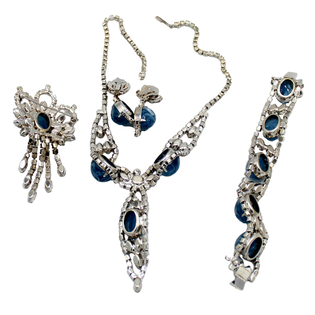 Vintage Juliana Blue Marbled Lucite Cabochon Rhinestone Parure IIJJ#9294