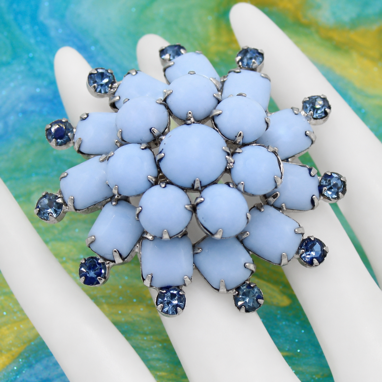 Coming Soon Vintage Juliana Blue Milk Glass Cabochon Layered Brooch Silver Tone IIJJ #7438