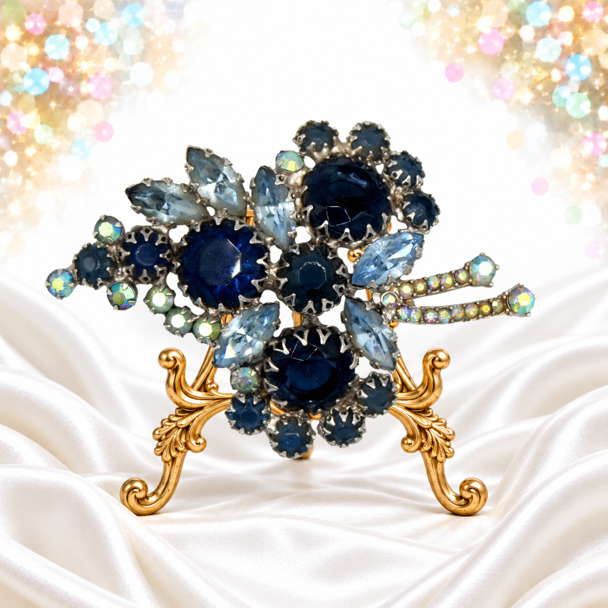 Vintage Juliana Blue Multi-Prong Rhinestone Flower Spray Brooch IIJJ#9722