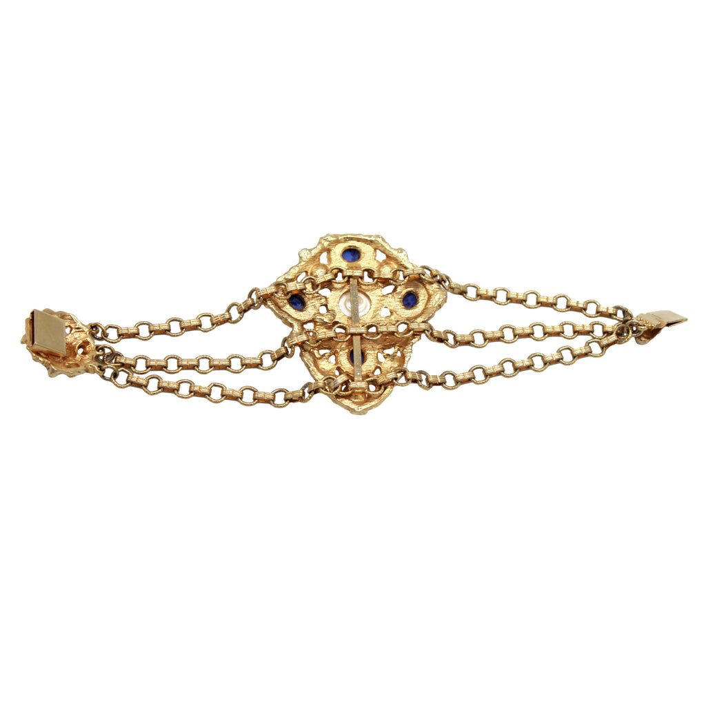 Vintage Juliana Etruscan Style Blue Cabochon Faux Pearl Shield Shaped Bracelet New Find IIJJ #9268