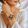 Vintage Juliana Etruscan Style Blue Cabochon Faux Pearl Shield Shaped Bracelet New Find IIJJ #9268