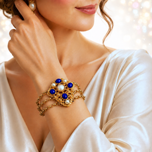 Vintage Juliana Etruscan Style Blue Cabochon Faux Pearl Shield Shaped Bracelet New Find IIJJ #9268