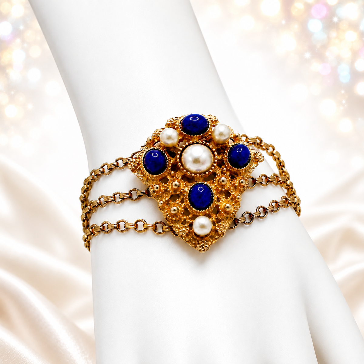 Vintage Juliana Etruscan Style Blue Cabochon Faux Pearl Shield Shaped Bracelet New Find IIJJ #9268