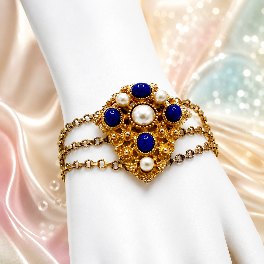 Vintage Juliana Etruscan Style Blue Cabochon Faux Pearl Shield Shaped Bracelet New Find IIJJ #9268