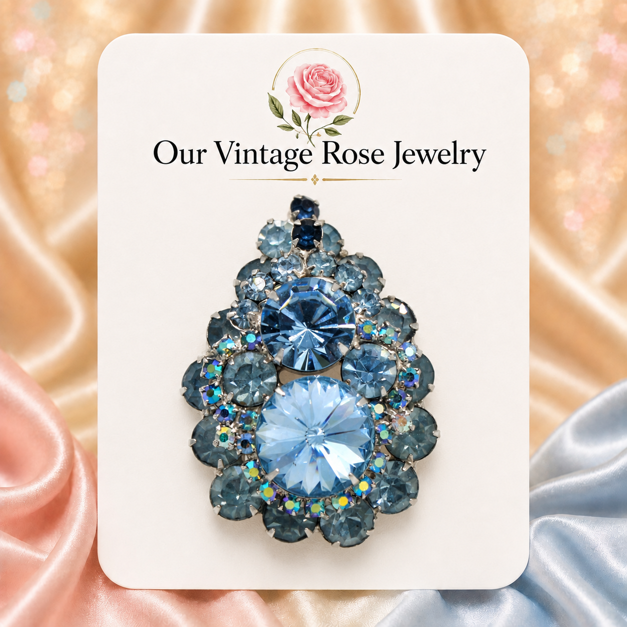 Vintage Juliana Blue Rivoli Rhinestone Brooch Pendant IIJJ#9317