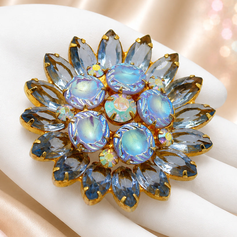 Vintage JULIANA Blue Flying Saucers Scooped Out AB Rhinestone Brooch IIJJ#1174