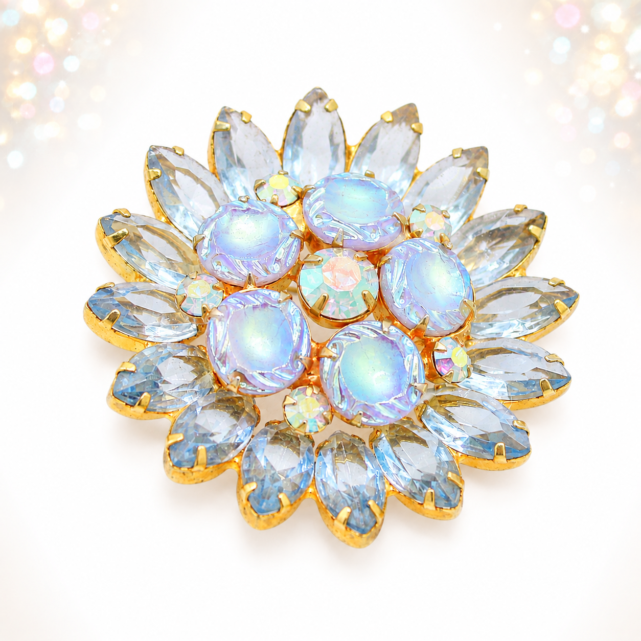 Vintage JULIANA Blue Flying Saucers Scooped Out AB Rhinestone Brooch IIJJ#1174