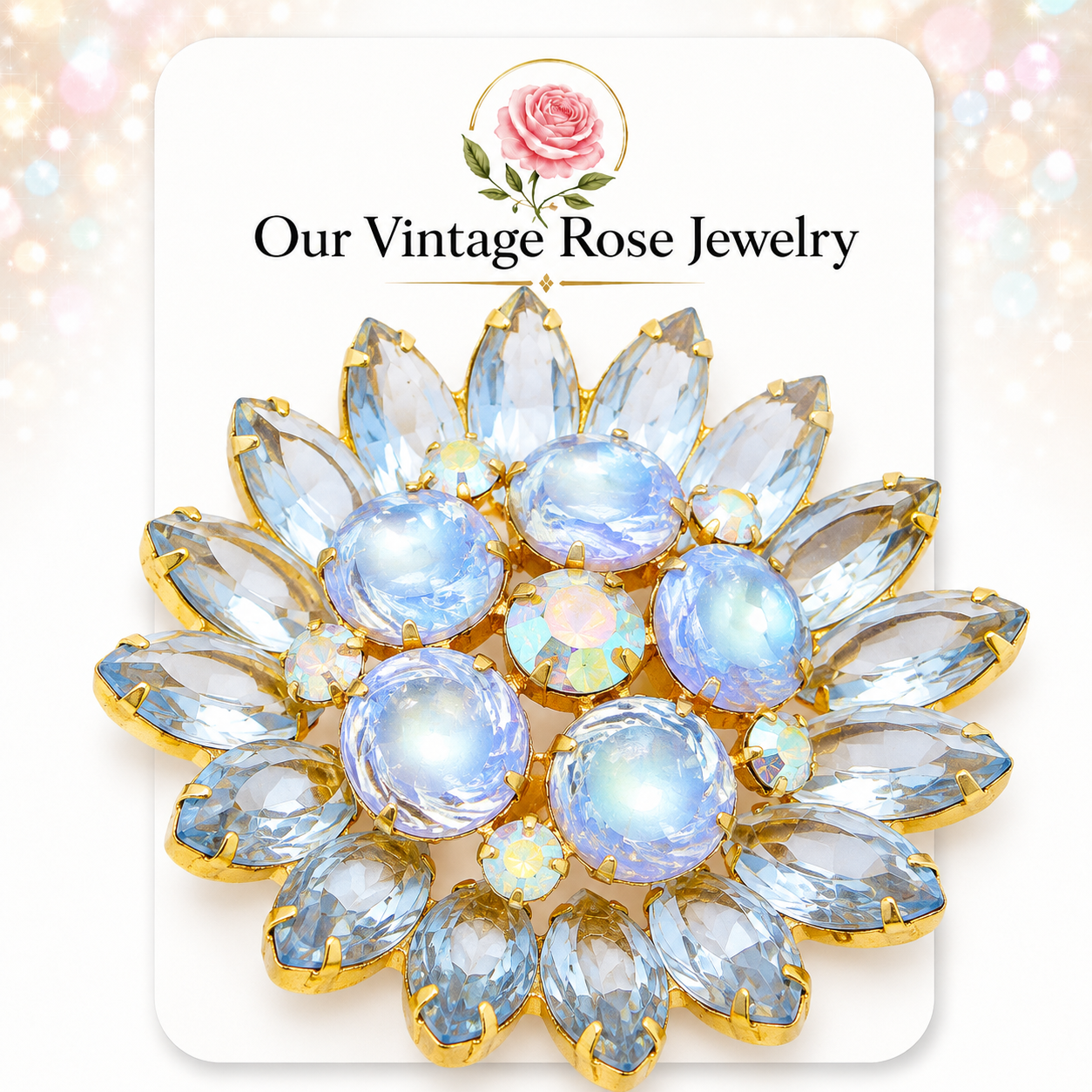 Vintage JULIANA Blue Flying Saucers Scooped Out AB Rhinestone Brooch IIJJ#1174