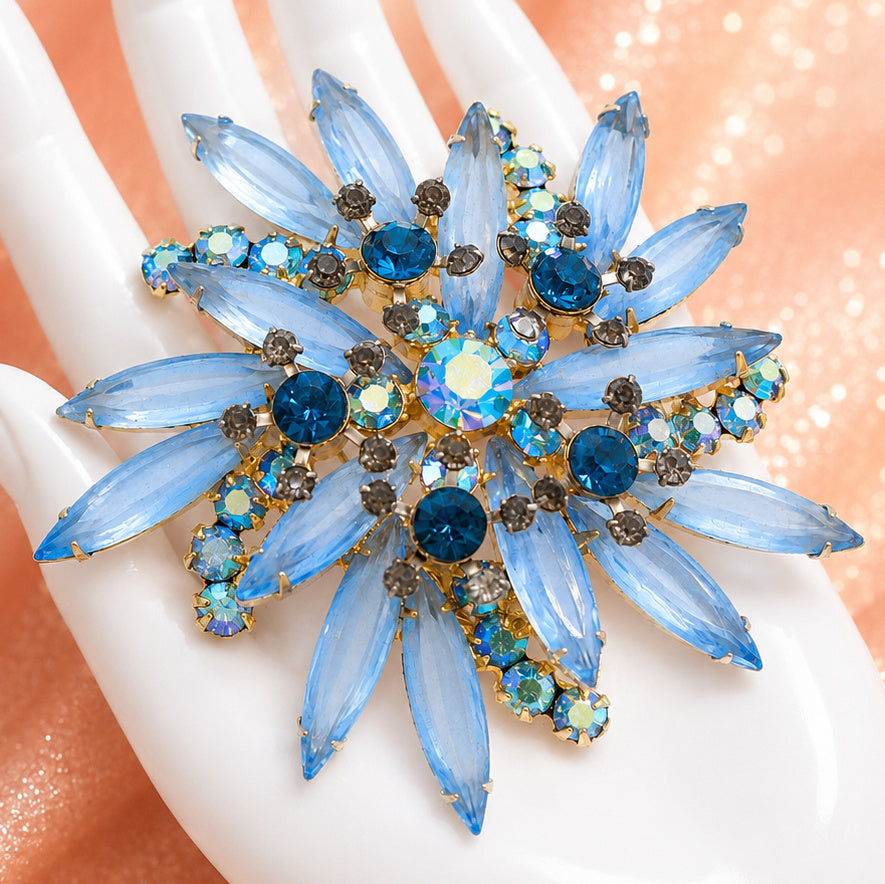 Vintage Juliana Blue Navette & Aurora Borealis Rhinestone Starburst Brooch IIJJ#9213