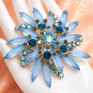 Vintage Juliana Blue Navette & Aurora Borealis Rhinestone Starburst Brooch IIJJ#9213