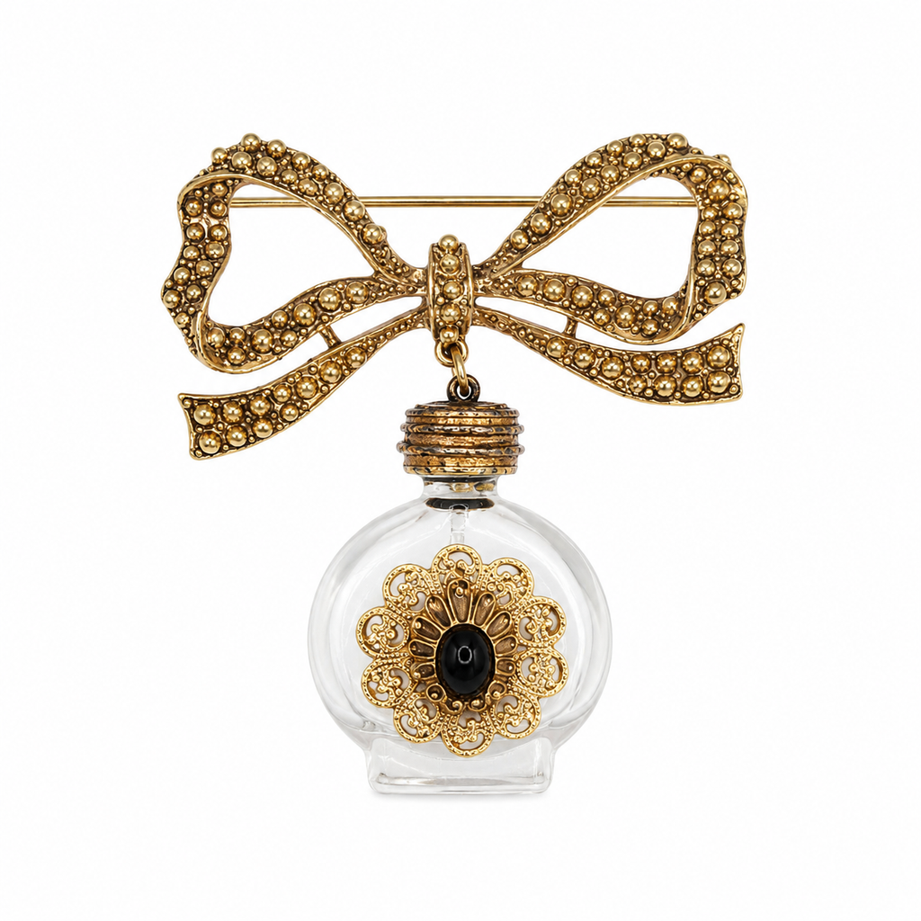 Vintage Juliana Glass Perfume Bottle Bow Figural Brooch IIJJ#9363