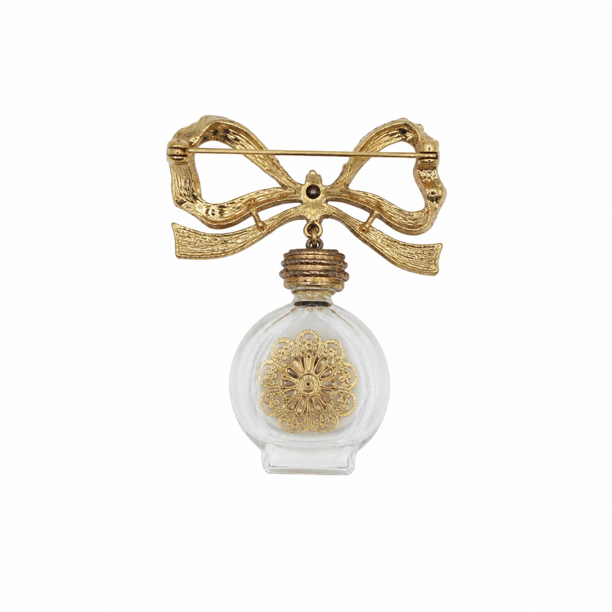 Vintage Juliana Glass Perfume Bottle Bow Figural Brooch IIJJ#9363
