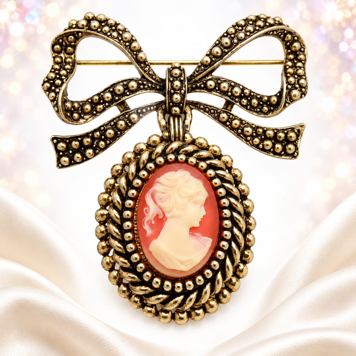 Vintage Juliana Large Dangling Cameo Bow Brooch Book Piece IIJJ#600