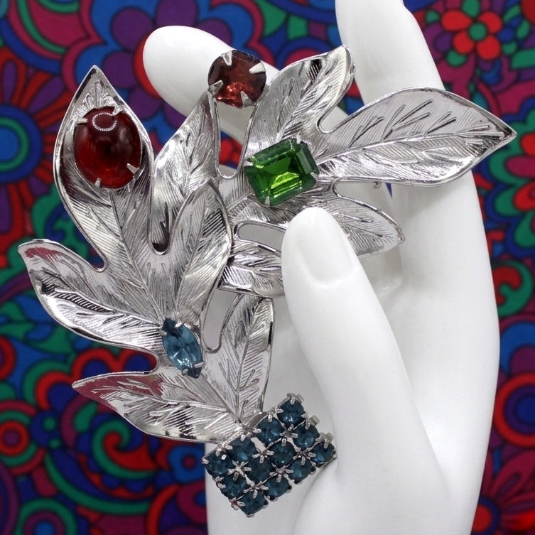 Vintage JULIANA NOS Figural Red Green Blue Purple Rhinestone Metal Leaf Brooch IIJJ#9020