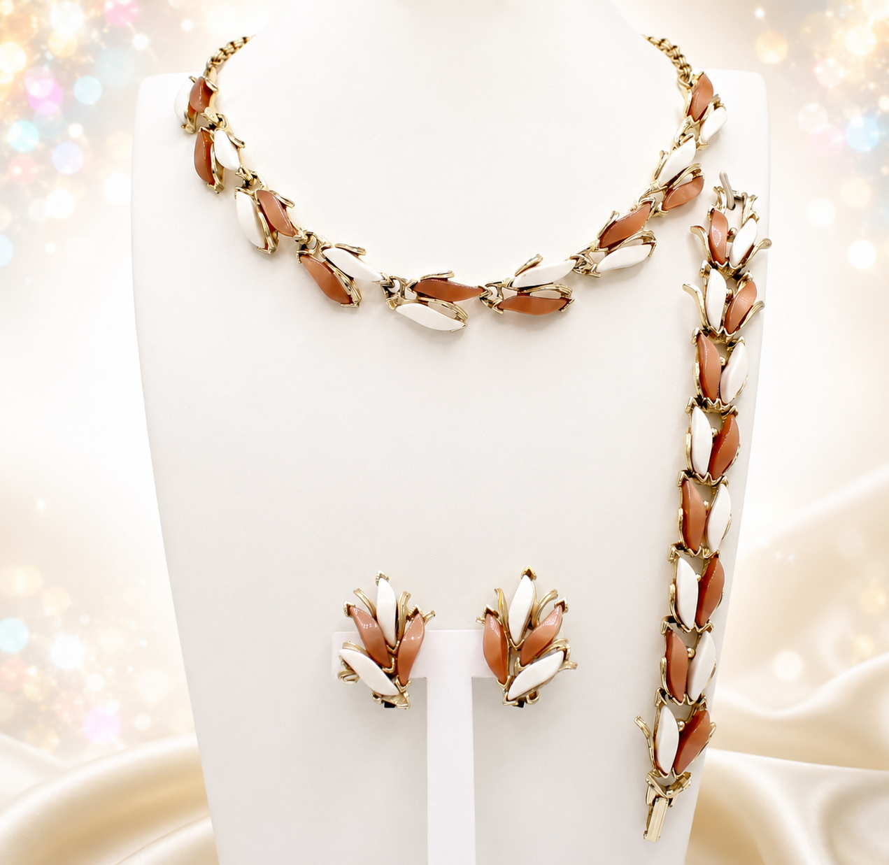 Vintage MOCHA BROWN WHITE THERMOSET Leaves Necklace Bracelet Earrings Set