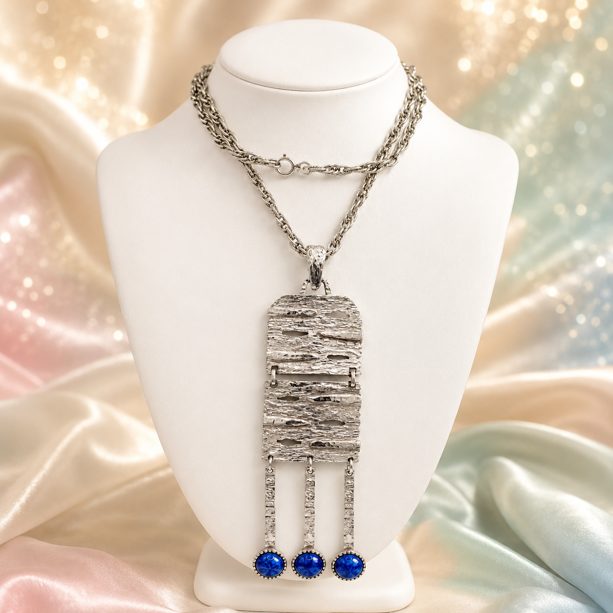 Vintage JULIANA for Celebrity Modern Blue Cabochon Dangle Pendant Necklace IIJJ#4090