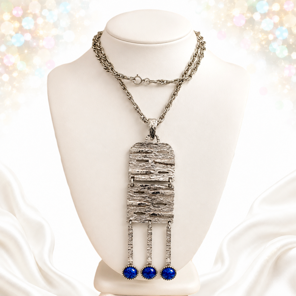 Vintage JULIANA for Celebrity Modern Blue Cabochon Dangle Pendant Necklace IIJJ#4090