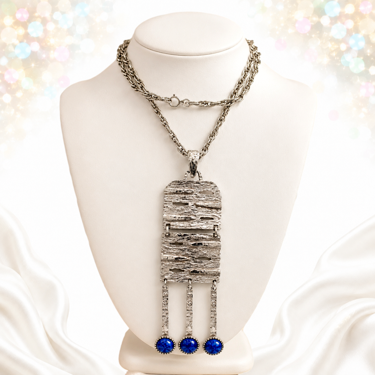 Vintage JULIANA for Celebrity Modern Blue Cabochon Dangle Pendant Necklace IIJJ#4090