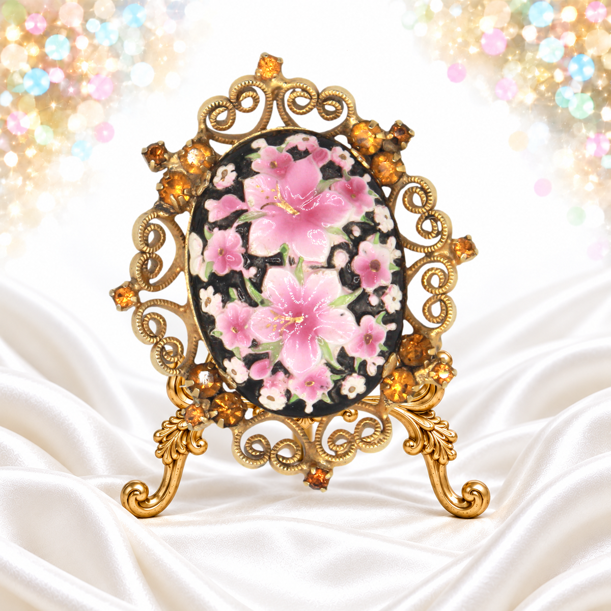 Vintage Juliana for Celebrity Painted Flower Cabochon Rhinestone Brooch IIJJ#9481