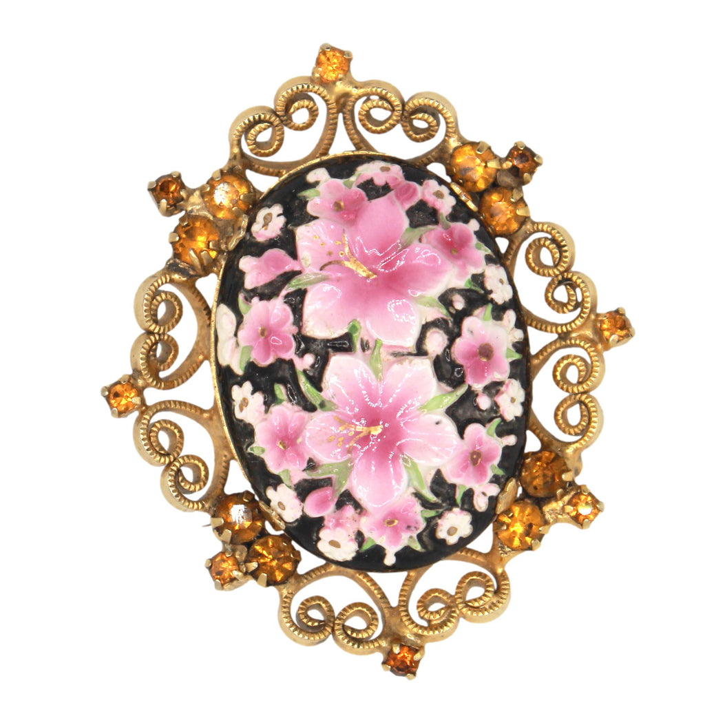 Vintage Juliana for Celebrity Painted Flower Cabochon Rhinestone Brooch IIJJ#9481
