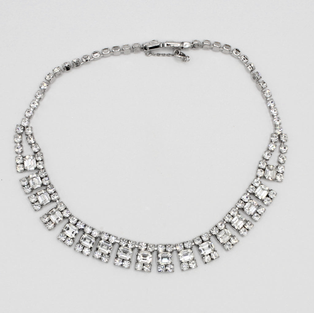 Front detail of vintage clear rhinestone necklace