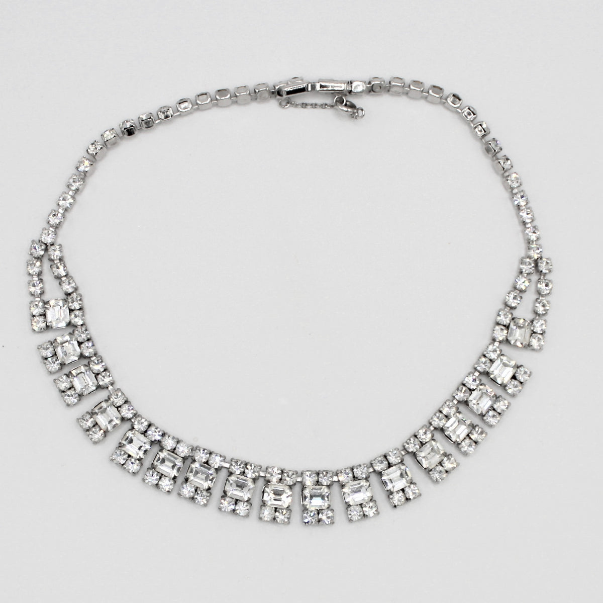 Front detail of vintage clear rhinestone necklace