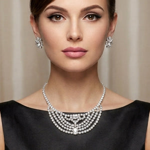 Vintage Mid-Century Multi-Strand Clear Baguette & Rhinestone Necklace & Earrings Set