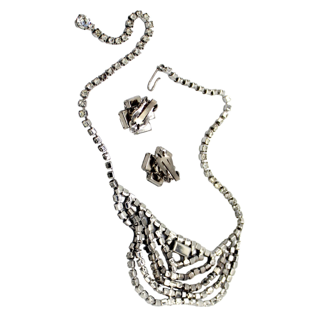 Vintage Mid-Century Multi-Strand Clear Baguette & Rhinestone Necklace & Earrings Set