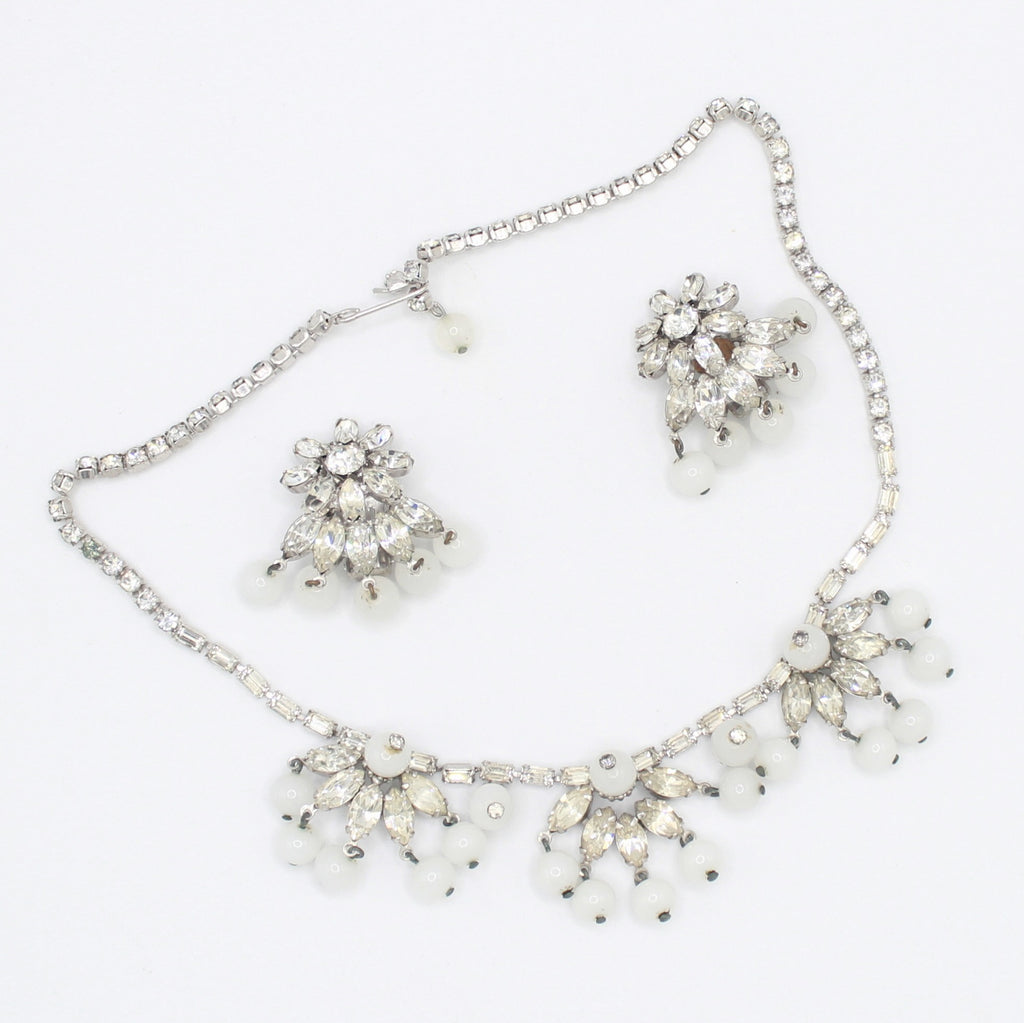 Front detail of Weiss rhinestone white bead necklace and earrings