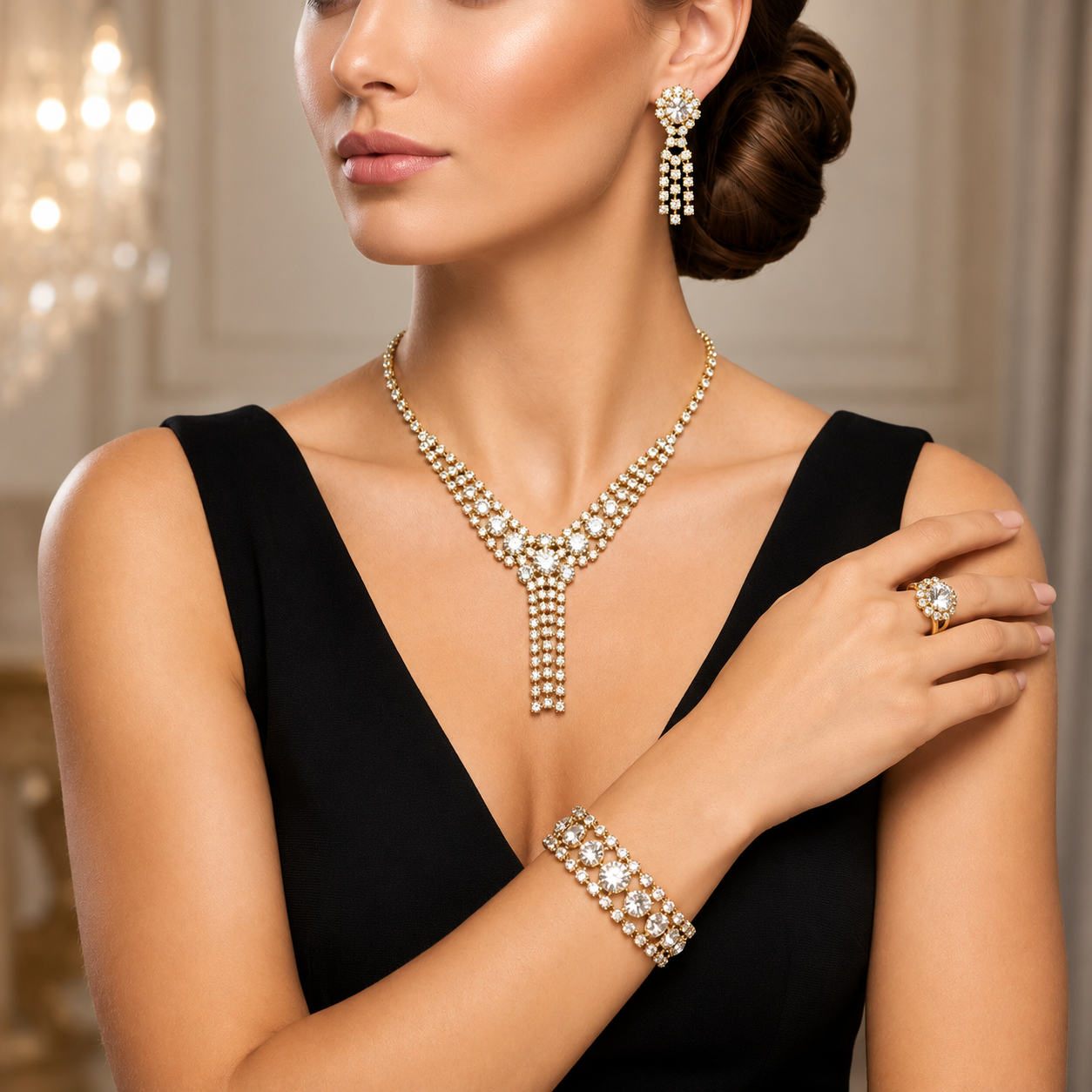 Vintage Clear Rhinestone Ring Necklace Bracelet Earrings Parure