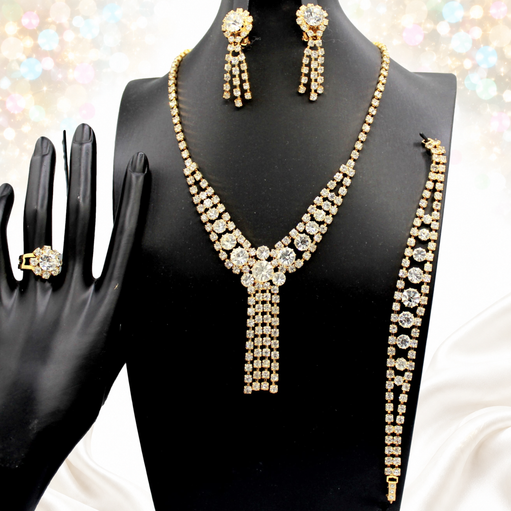 Vintage Clear Rhinestone Ring Necklace Bracelet Earrings Parure