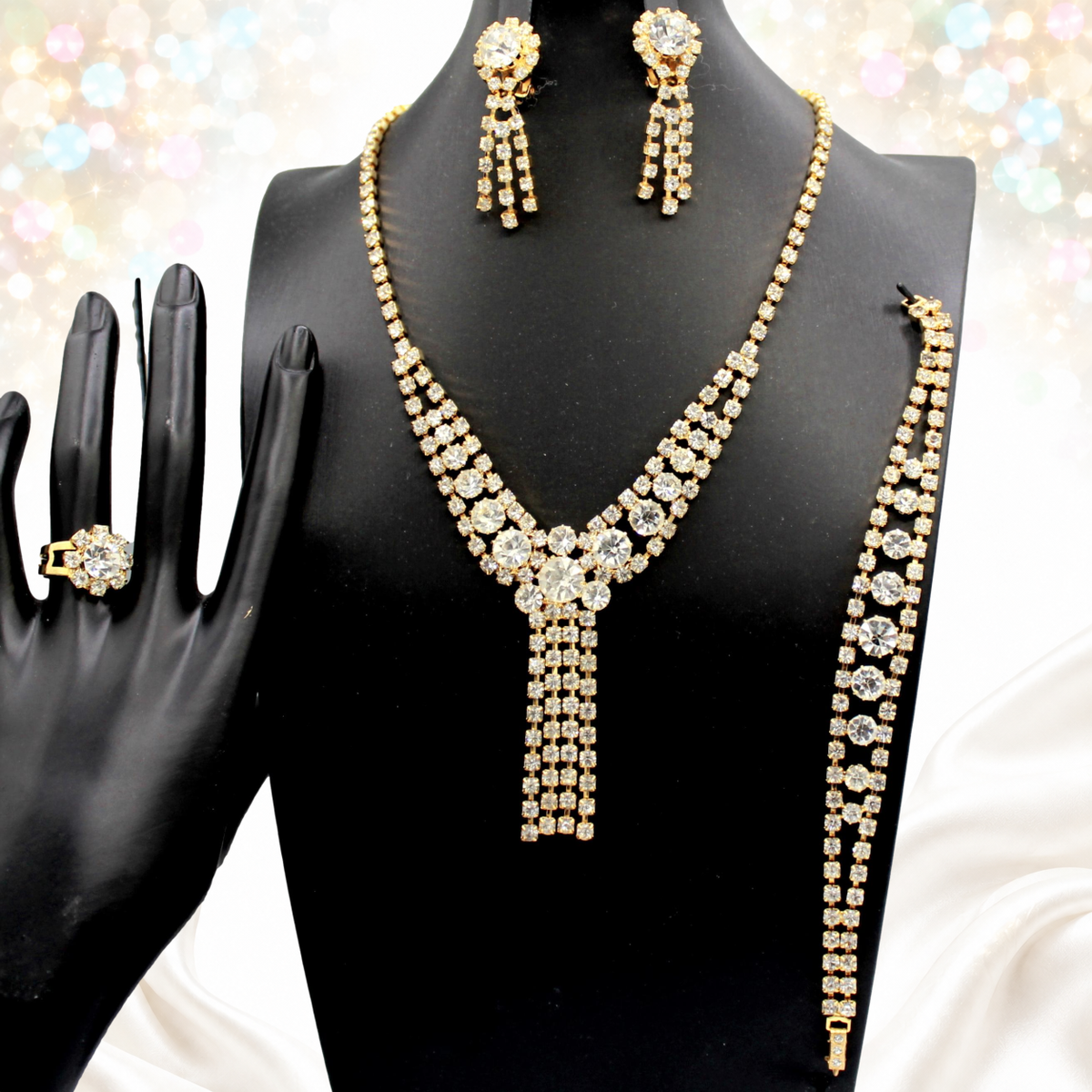 Vintage Clear Rhinestone Ring Necklace Bracelet Earrings Parure