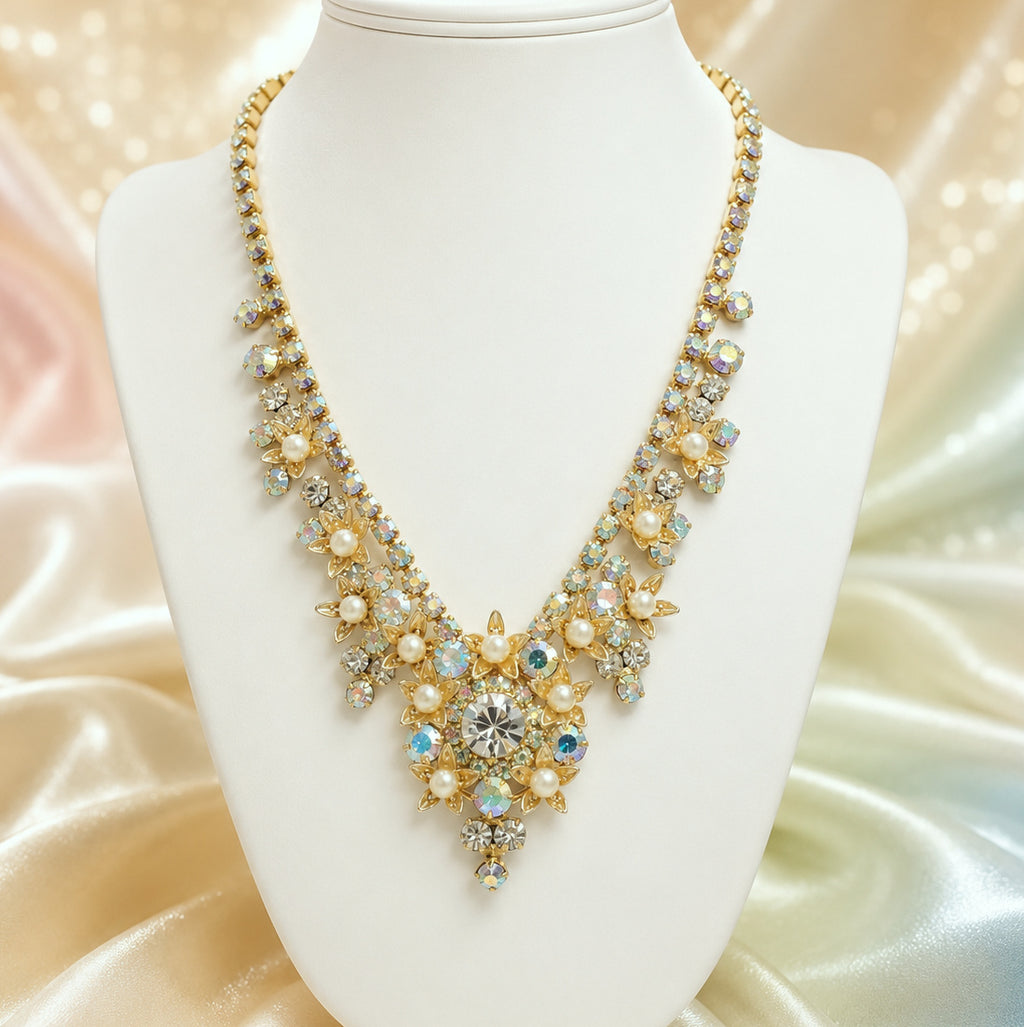 Vintage JULIANA AB Clear Rhinestone Filigree Flower Faux Pearl Necklace IIJJ#2832