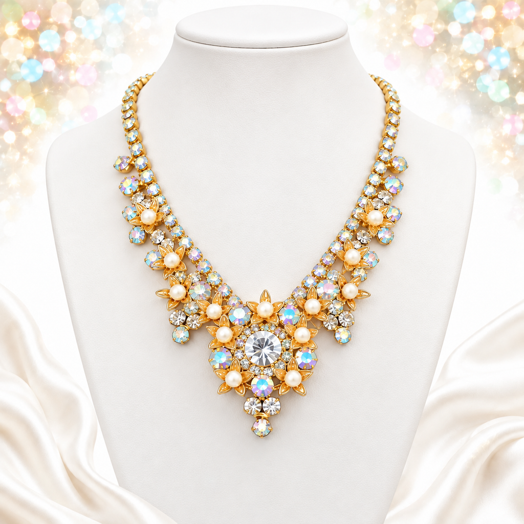 Vintage JULIANA AB Clear Rhinestone Filigree Flower Faux Pearl Necklace IIJJ#2832