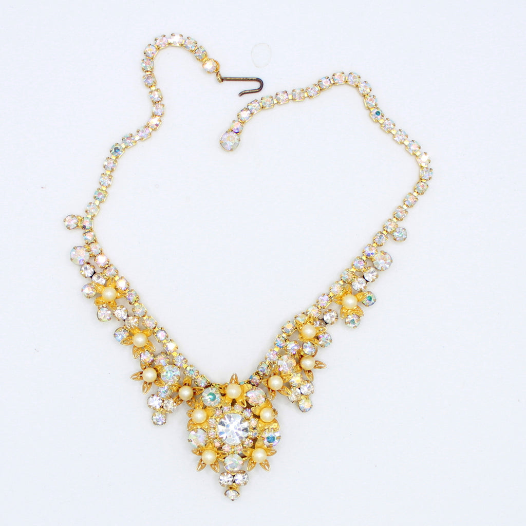 Vintage JULIANA AB Clear Rhinestone Filigree Flower Faux Pearl Necklace IIJJ#2832