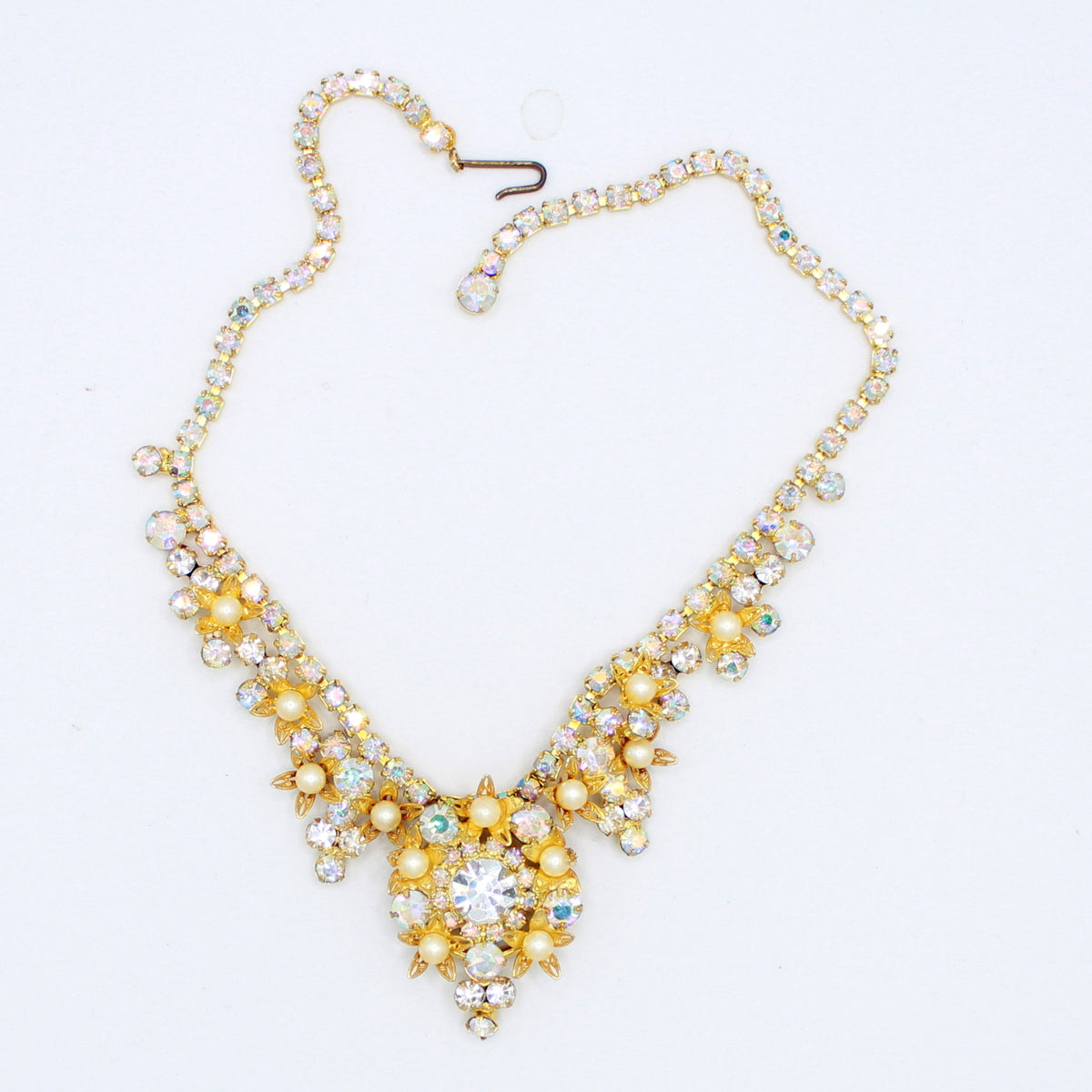 Vintage JULIANA AB Clear Rhinestone Filigree Flower Faux Pearl Necklace IIJJ#2832