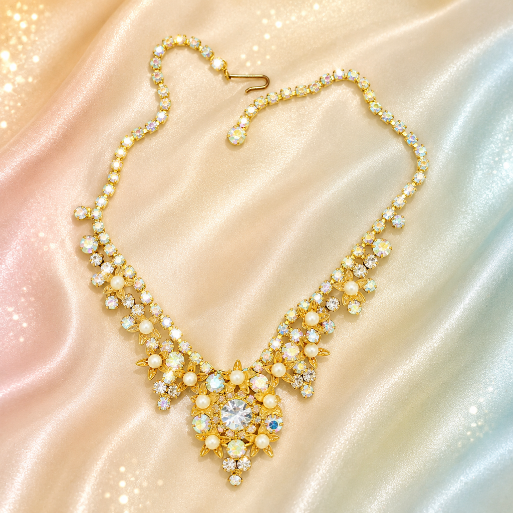 Vintage JULIANA AB Clear Rhinestone Filigree Flower Faux Pearl Necklace IIJJ#2832