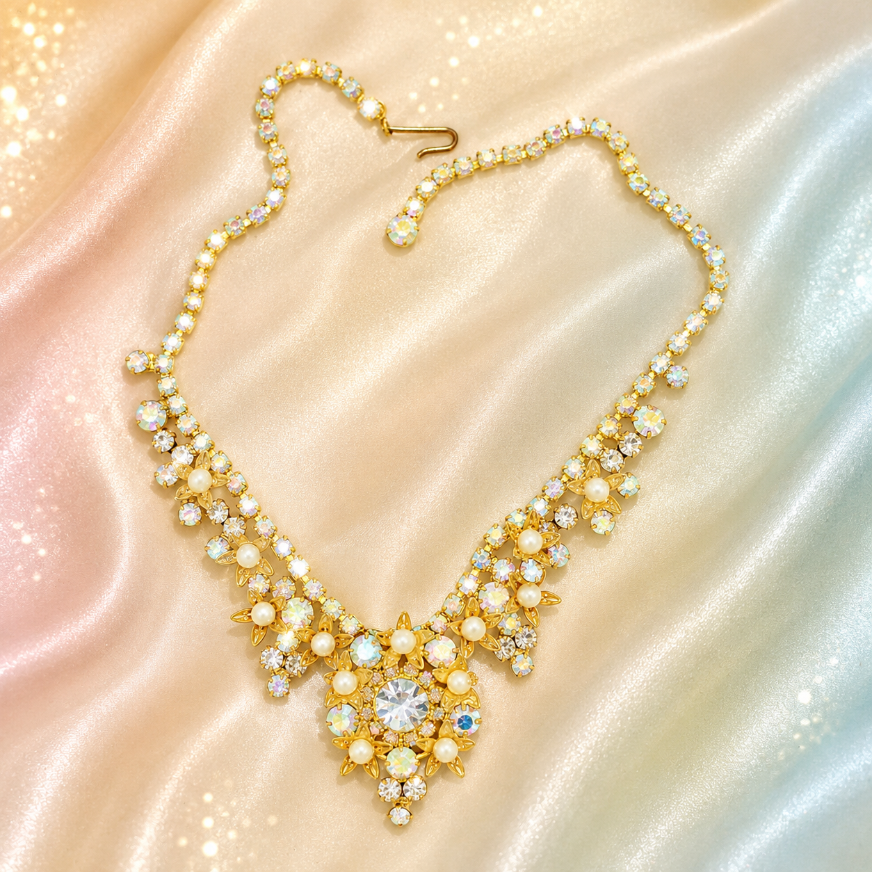 Vintage JULIANA AB Clear Rhinestone Filigree Flower Faux Pearl Necklace IIJJ#2832