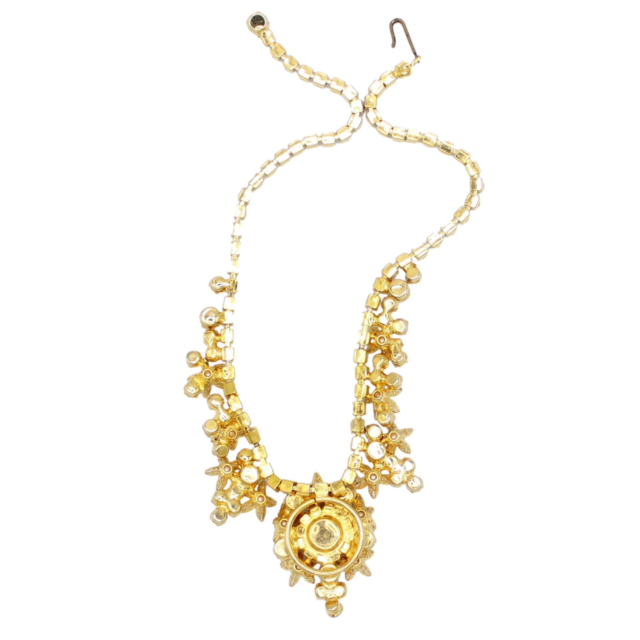 Vintage JULIANA AB Clear Rhinestone Filigree Flower Faux Pearl Necklace IIJJ#2832