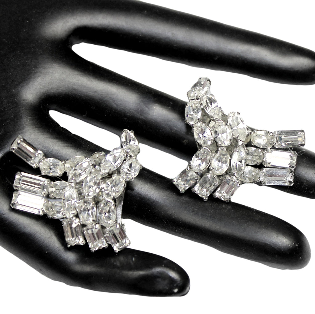 Vintage Fabulous Schreiner Front & Back of Lob Adorned Clear Rhinestone Earrings