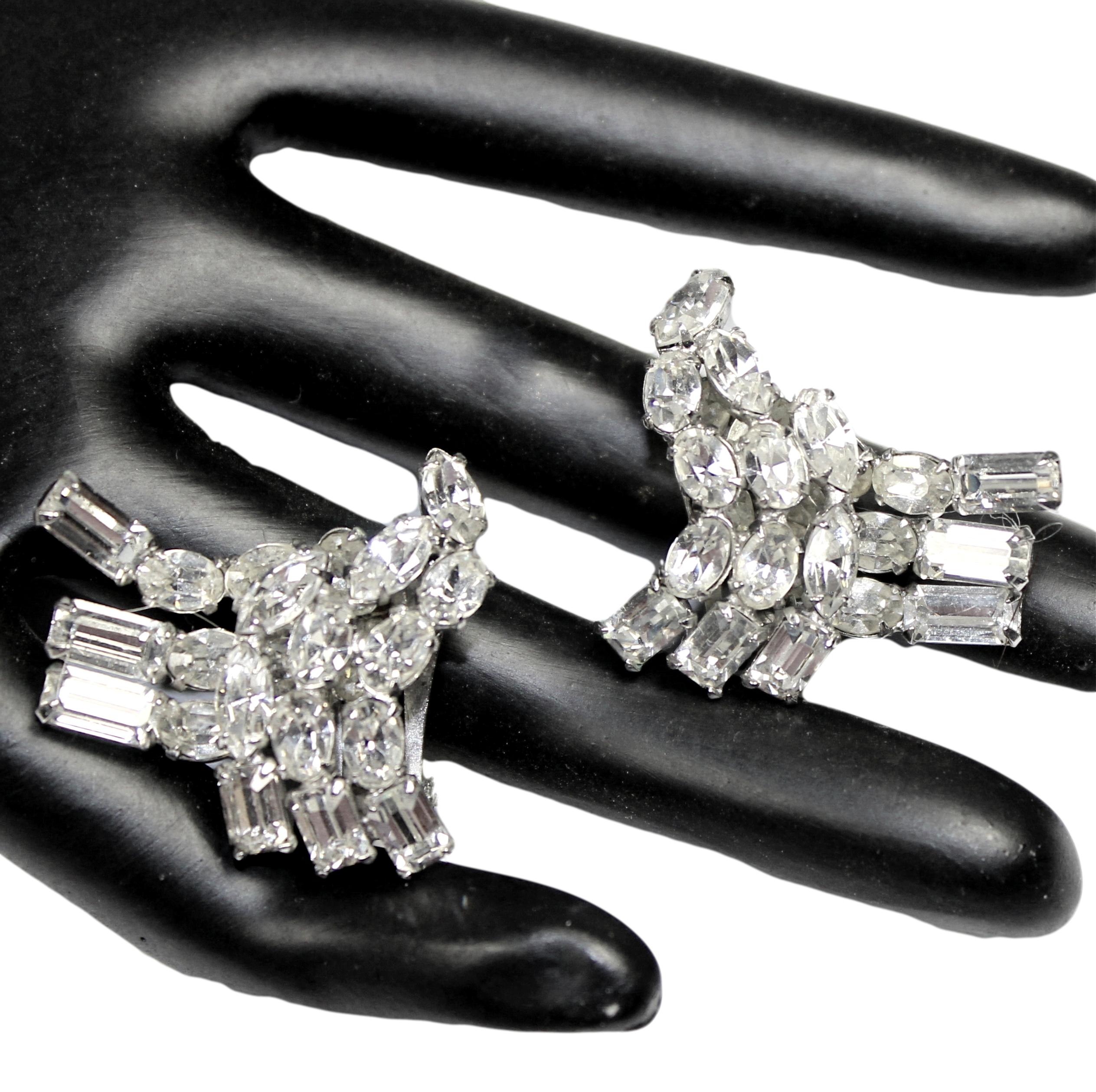 Vintage Fabulous Schreiner Front & Back of Lob Adorned Clear Rhinestone Earrings