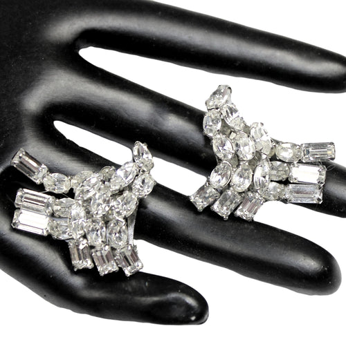 Vintage Fabulous Schreiner Front & Back of Lob Adorned Clear Rhinestone Earrings