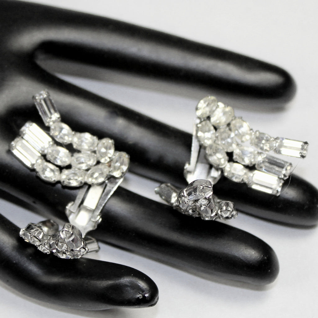Vintage Fabulous Schreiner Front & Back of Lob Adorned Clear Rhinestone Earrings