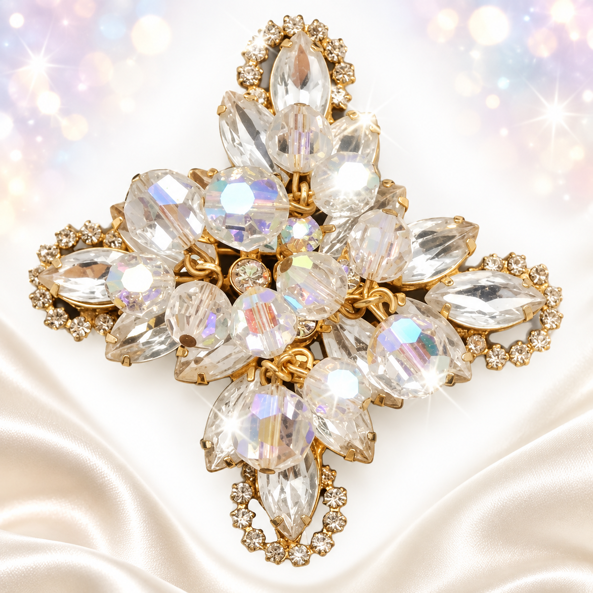 Vintage Juliana Cha Cha Clear Rhinestone Crystal Bead Halo Maltese Cross Brooch IIJJ8541