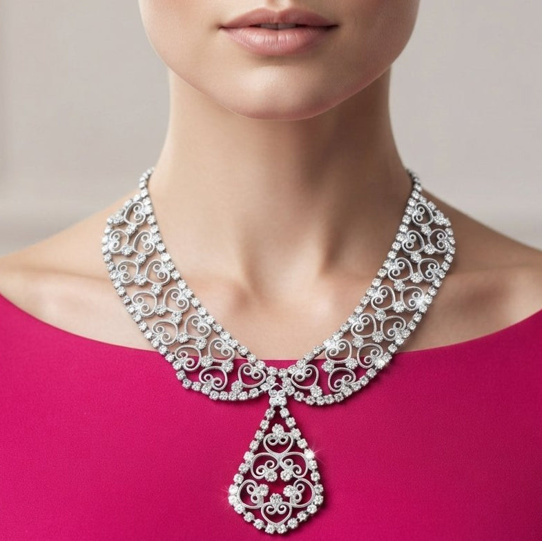 Coming Soon Vintage Juliana Clear Rhinestone Heart Scroll Necklace Book Piece IIJJ #9234